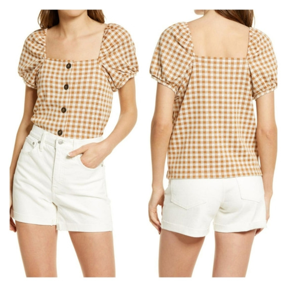 MADEWELL‎ Gingham Jacquard Square-Neck Puff-Sleeve Top - Picture 1 of 2